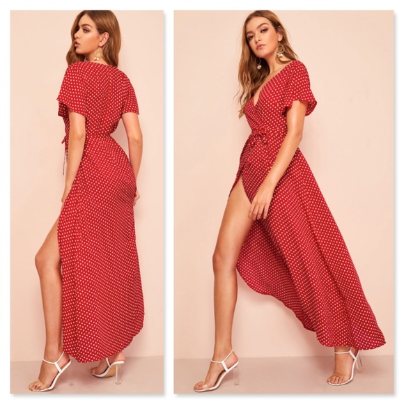 Polka Dot Wrap Red Maxi Dress - Picture 2 of 8